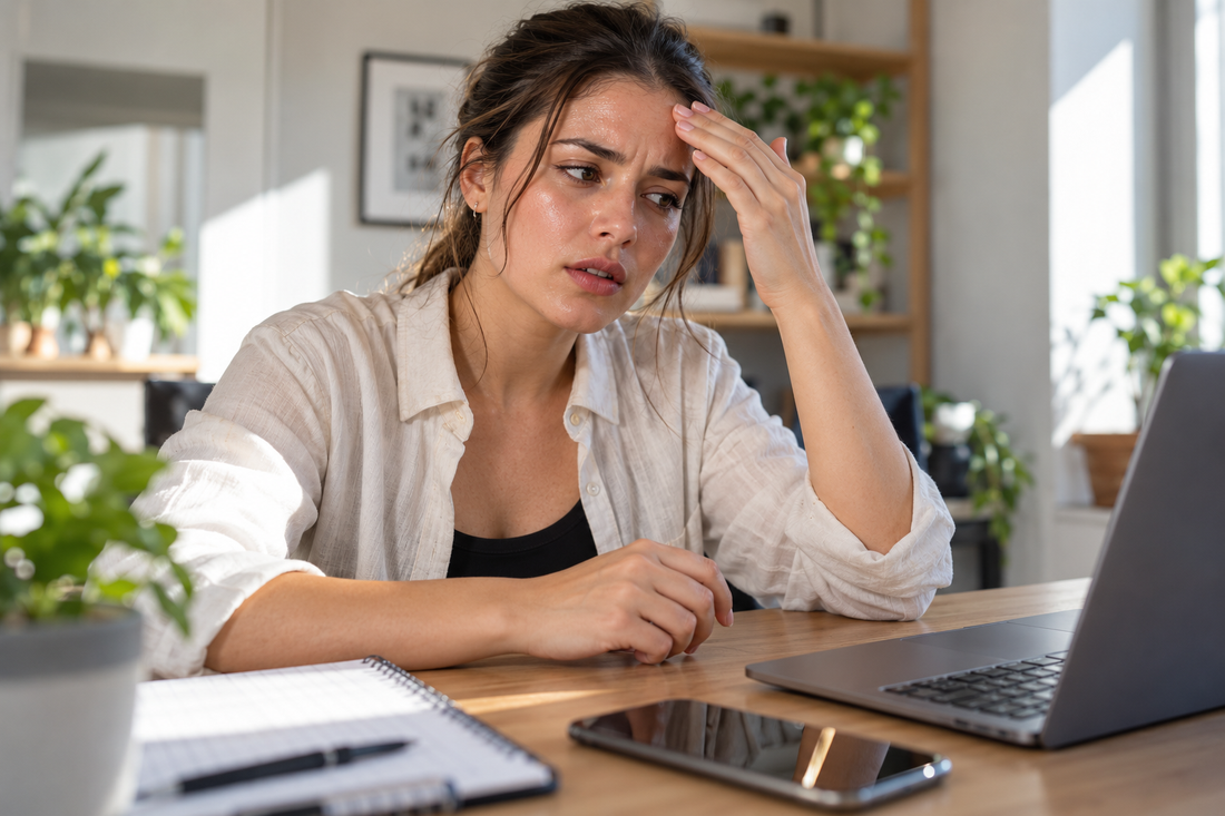 Woman at a laptop touching her forehead during a stressful workday